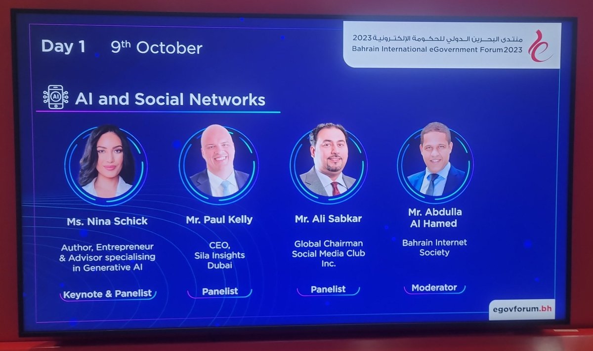 سأشارك بإذن الله كمتحدث ضمن جلسة نقاشية 
 في اليوم الأول من فعاليات منتدى البحرين الدولي للحكومة الإلكترونية العاشر تحت عنوان "الذكاء الاصطناعي وتطبيقاته وإعادة تشكيل الصناعات" وذلك يوم الإثنين الموافق 9 أكتوبر بمركز البحرين العالمي للمعارض بمملكة #البحرين. 
#egovforum #Bahrain
