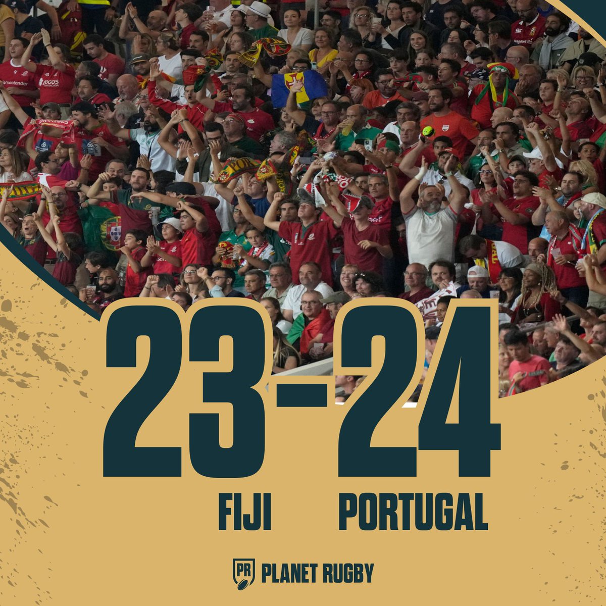PlanetRugby's tweet photo. 🇵🇹 PORTUGAL WIN THEIR FIRST EVER WORLD CUP GAME! #FIJvPOR

🇫🇯 FIJI STILL GO THROUGH AS THE WALLABIES OUT OF #RWC2023!! https://t.co/h4DwB9vkXK