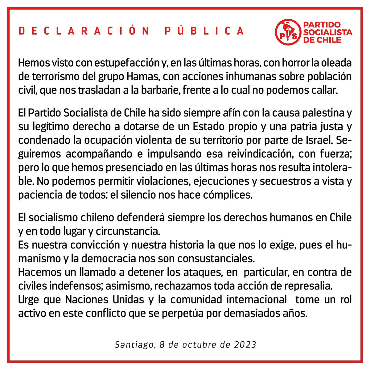 Declaración pública del Partido Socialista de Chile, a raíz de la escalada de violencia entre Palestina e Israel. 📝