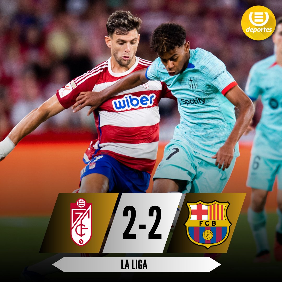 #LaLiga | ⏱️ ¡FINAL! Granada 🔴⚪️ y FC Barcelona 🔵🔴 empatan en el estadio Nuevo Los Cármenes; Bryan Zaragoza (x2) anotó por los locales, mientras que Lamine Yamal y Sergi Roberto por los blaugranas ❌

Barcelona cae a la tercera posición de la clasificación.