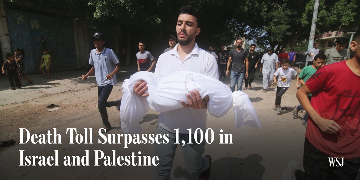 WSJ's tweet photo. More than 700 Israelis have died, Israel's Army Radio reported, while about 413 Palestinians have died according to the Palestinian health ministry https://t.co/DVWaFLlaVT https://t.co/u6WVN0Fqhp
