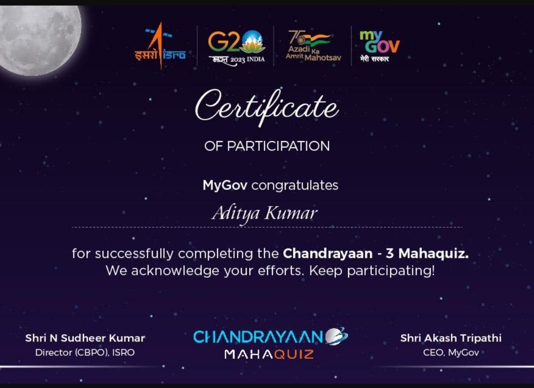 breacchex's tweet photo. I feel very elated that I have participated in the chandrayaan-3 Maha quiz organized by the ISRO. It helps to know more about the ISRO lunar mission. I appreciate ISRO for this great quiz and other also should take this quiz. #Chandrayaan3 #mygovernment  
@AnanyaM58107239 https://t.co/JaAz8wJI5y