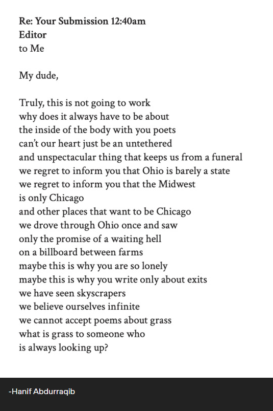 Sulli_writes's tweet photo. A poem I found. Here's to my fellow #Midwest #writers just trying to make it in the world.

By Hanif Abdurraqib
https://t.co/S3x422F6Qv https://t.co/H3yFXGDVWc