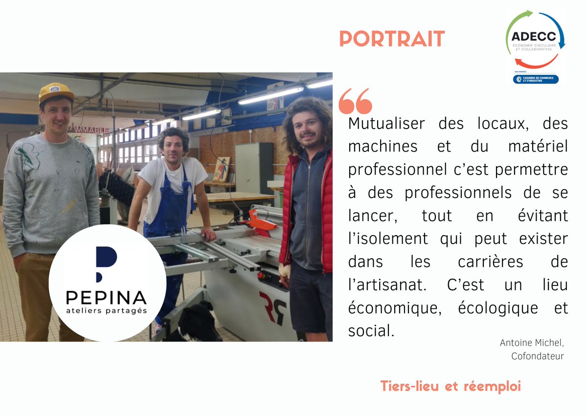 🧐Pepina , cet espace de coworking pour les artisans permet d'aider les artisans et les entrepreneurs créatifs à développer leur activité.

♻ Le projet est issu en grande partie du réemploi et le lieu vaut le détour.

▶️ Venez, découvrir leur portrait : adecc.org/portrait/pepin…