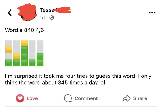 The wordle answer for this one was my name and this was my moms Facebook post for it 🥹 https://t.co/