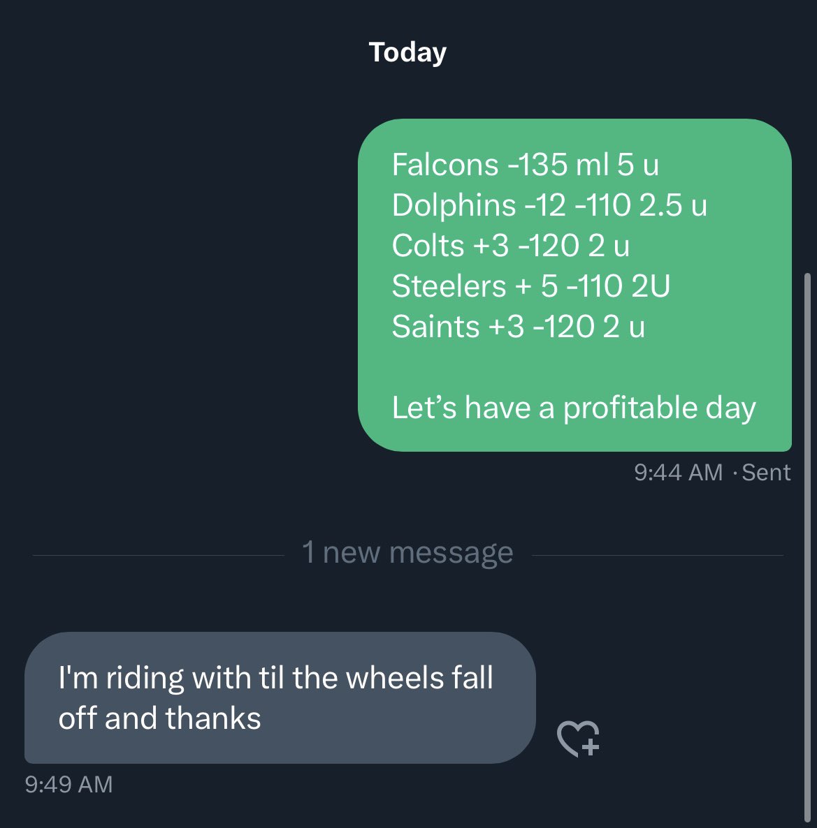 thebettingqueen's tweet photo. 💰💰  VIP CARD RECAP IF YOU RETWEETED FOR TODAYS CARD VIA DM💰💰

Falcons ml 5U🏦
Dolphins-12 2U🏦
Colts +3 2U🏦
Steelers +5 2U🏦
Saints +3 2U🏦

BANG 💥 CONGRATS TO THOSE WHO RETWEETED 5-0 🔥🔥💰NFL IS ON FIRE 

WHO TAILED AND MET ME AT THE MF BANK AND READY FOR MORE 🏦 https://t.co/btWsb0oupw