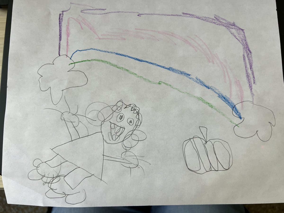 This is a drawing of me, laying in a pumpkin patch, looking at a rainbow.  I find the resemblance uncanny 🤩.  #loveit #fall #kidart #art #artist #5yearoldart #teacherlife #teacher #Students #Thankful #sweet #present