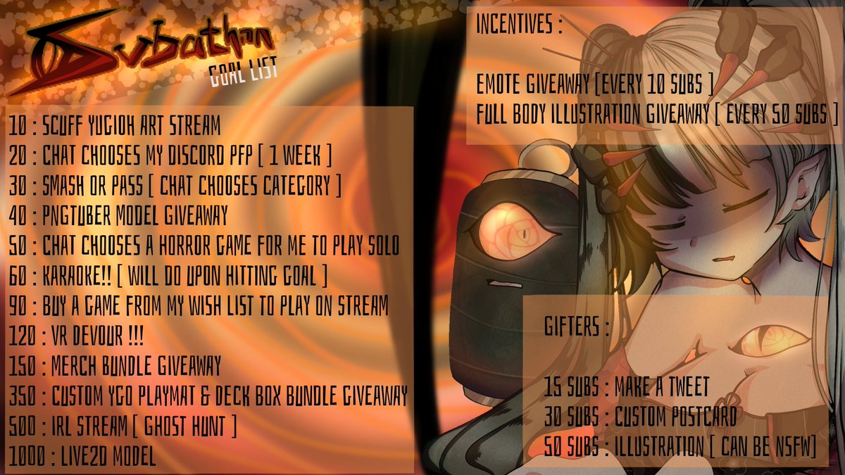 ○🧡 | D E B U T | 2 0 T H | O C T | 🧡○

               ■ S U B A T H O N ■
 🧡 G O A L S • I N C E N T I V E S 🧡

        ◇ Are You Ready !! 👻☠️🧡 ◇ 
                 #Vtuber #DEBUT