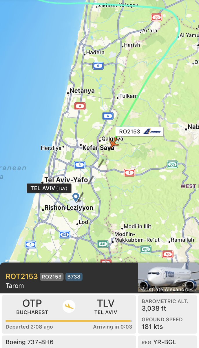 sentdefender's tweet photo. A Boeing 737 “ROT2153” with the Romanian Government owned Airline Tarom is currently preparing to land in the Israeli City of Tel Aviv where they will likely be used as an Evacuation Flight for Romanian Nationals in the Country. https://t.co/e5lSDfgTFB