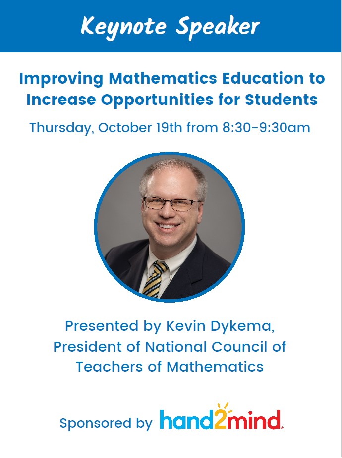 @hand2mind is proud to sponsor @NCTM President Kevin Dykema as Thursday's keynote speaker @gctm_math #GCTM2023 October 19th at 8:30am. Don't miss this great opportunity.