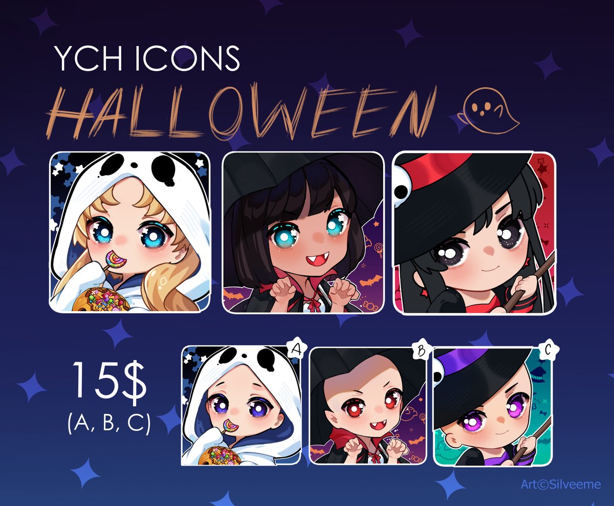 Silveeme's tweet photo. YCH Halloween!🎃

I will do a icon of your character (or fanart) in any of this poses/costumes!
If you're interested just DM me!

RT's are apprecited!💖✨ https://t.co/iwe2dkSFUe