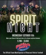 We are going to have a spirit night on October 11 at Kickback Jacks. They are one of our premier sponsors, and provide our pregame meals. This is a great way to give a thank you to them for donating. If you can make it to either dine in or carry out, it would be much appreciated.