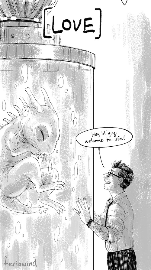 feriowind's tweet photo. by far the biggest AU i ever got around to making for pacrim was my newt the small mother series where he was funded by govt or ppdc (i cant remember) to create kaiju, but he basically becomes their mom and is the center of their hivemind a;ldskghasdlkfj https://t.co/8a59jM8Va4