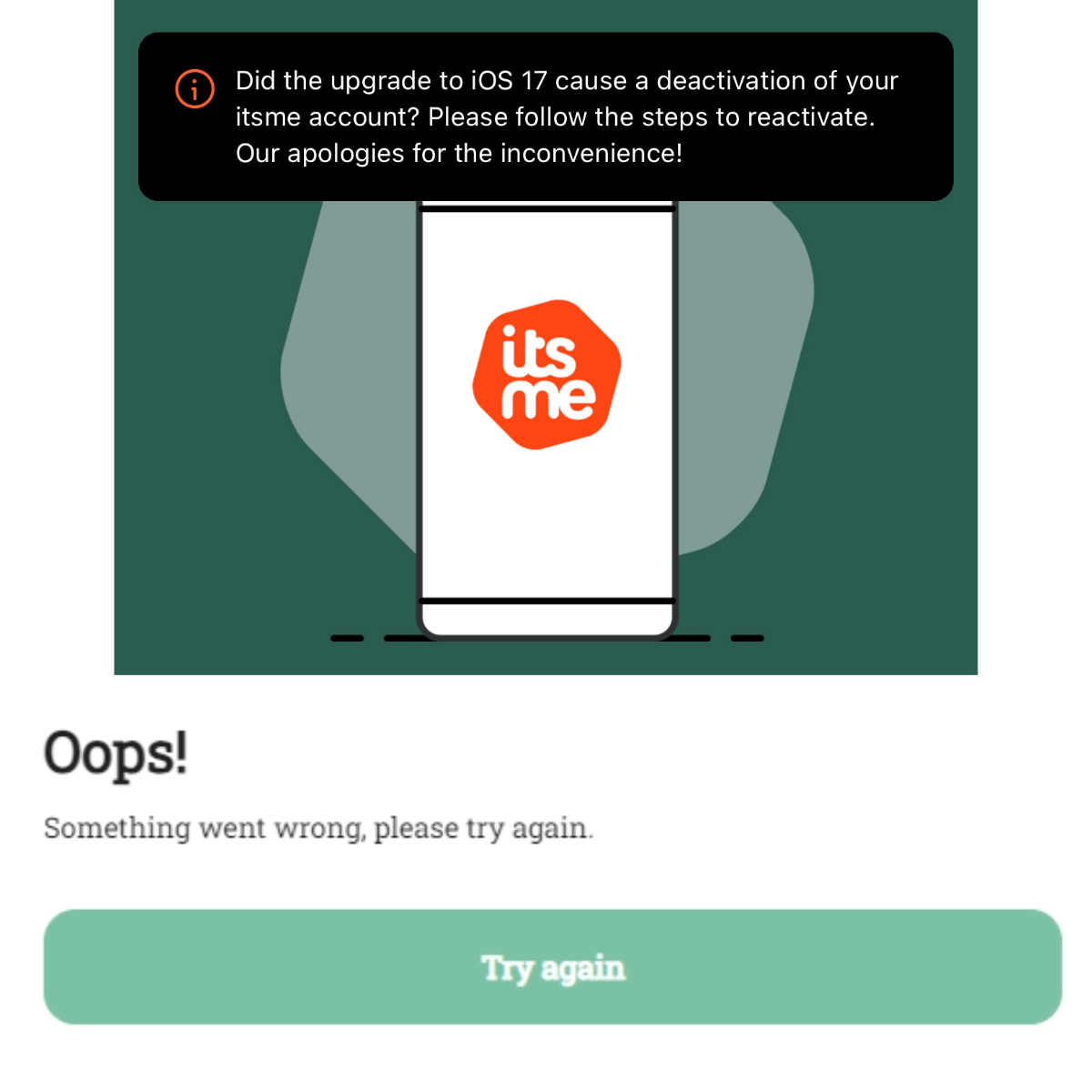 udewachter's tweet photo. Double @itsmeDigitalID fail: (1) latest iOS 17 deactivated my account and (2) Oops, you can't reactivate your account. Please try again and again and... https://t.co/p9z5Hmh0m5