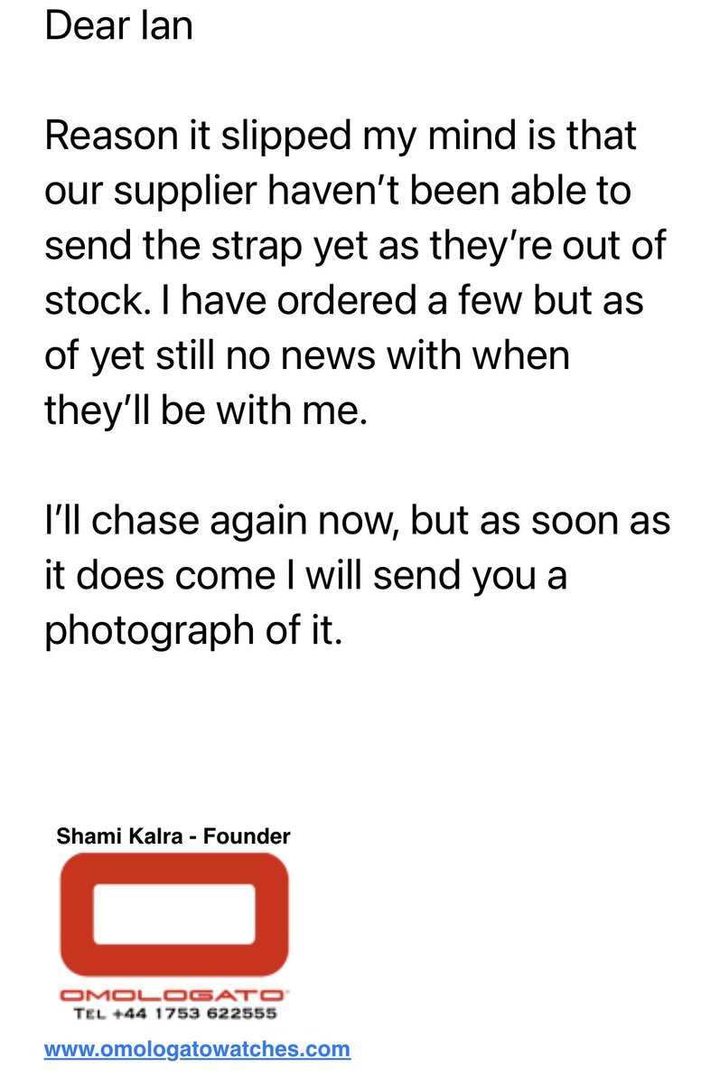 Waugh_Ian's tweet photo. @OmologatoUK @ShamiKalra Didn’t get the emails. The last response I got was that Shami was still trying to get the replacement strap. https://t.co/Q7eJFeAdNq