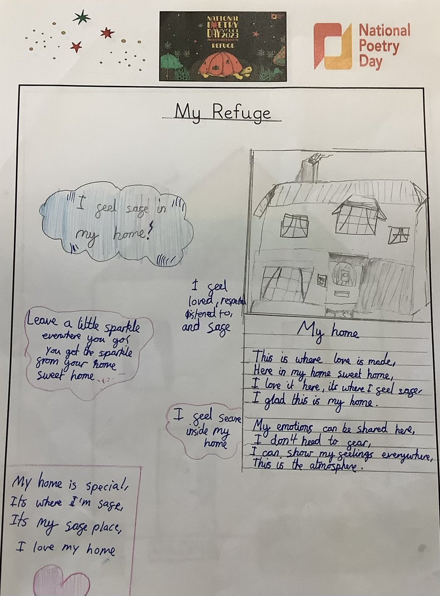The theme of #NationalPoetryDay this year was 'Refuge'. Across the school our children looked at examples from renowned poets, before thinking about what it meant to them, writing some beautiful pieces based on their own places of comfort and safety. #ForwardArtsFoundation