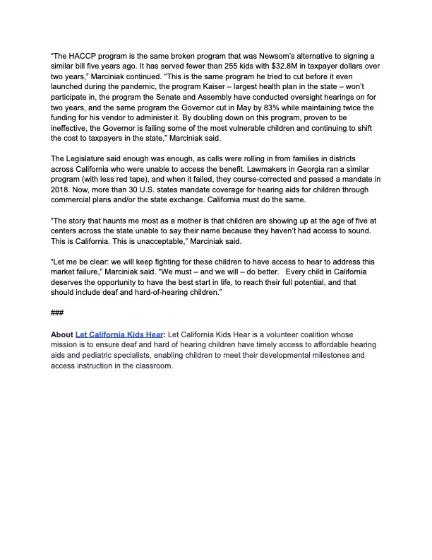 We are devastated that <a href="/gavinnewsom/">Gavin Newsom</a> <a href="/cagovernor/">Governor Gavin Newsom</a> vetoed the Let California Kids Hear Act (<a href="/SenatorMenjivar/">Senator Caroline Menjivar</a>/<a href="/Portantino/">Anthony Portantino</a>) that would have addressed a developmental emergency for California’s children. Here is our statement: letcakidshear.com/news/gov-newso…