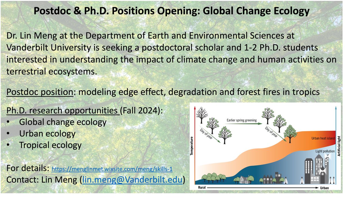 Dr. Lin Meng (@linmengmet) on Twitter photo Fully funded Ph.D. and postdoc positions at the Meng Lab of Global Change Ecology at Vanderbilt University.
Details:menglinmet.wixsite.com/meng/skills-1
Come work with us. Please RT & thanks!
#PhDposition #PhDjobs #FindaPhD #STEM <a href="/VanderbiltU/">Vanderbilt University</a> #phenology #climatechange Fully funded Ph.D. and postdoc positions at the Meng Lab of Global Change Ecology at Vanderbilt University.
Details:menglinmet.wixsite.com/meng/skills-1
Come work with us. Please RT & thanks!
#PhDposition #PhDjobs #FindaPhD #STEM <a href="/VanderbiltU/">Vanderbilt University</a> #phenology #climatechange