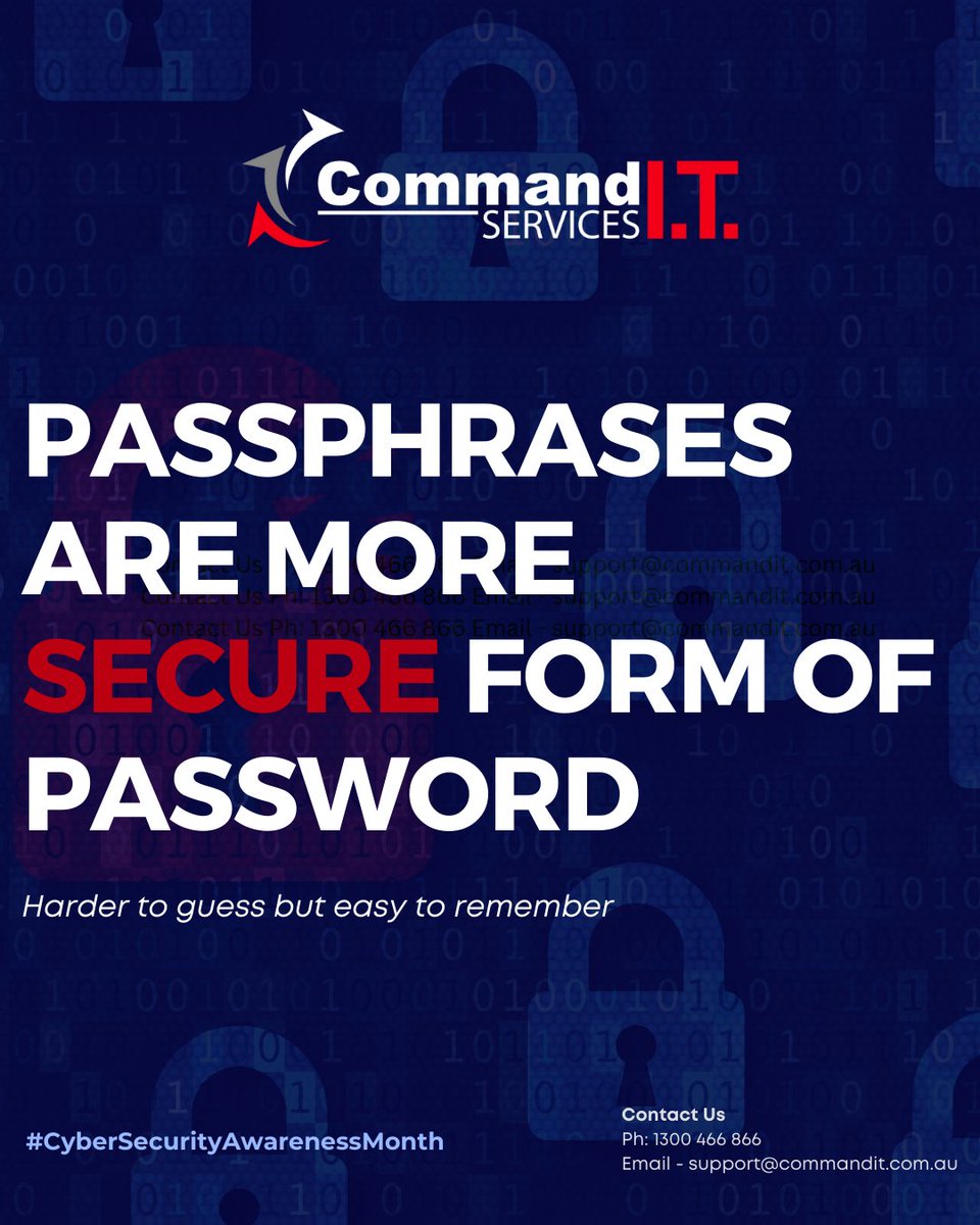 Command_IT_Serv's tweet image. A passphrase is a robust password option, containing four or more random words, such as &quot;crystal onion clay pretzel.&quot; 

Contact us today!
Phone: 1300 466 866
Website: commandit.com.au

#CommandIT #PerthIT #ITsupport #ITservice  #CybersecurityAwarenessMonth
#becyberwise