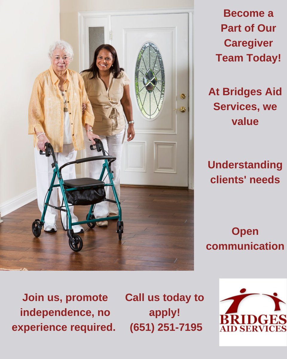 🌟Become a Part of Our Caregiver Team Today!🌟Join us, and promote independence, no experience is required.

Call us today to apply  (651) 251-7195. 💙
#BridgesAidServices #CaregiverJobs #MinnesotaCaregivers
#HomeCare #InHomeCare #AgingInPlace  #MinnesotaHomeCare #rosevillemn