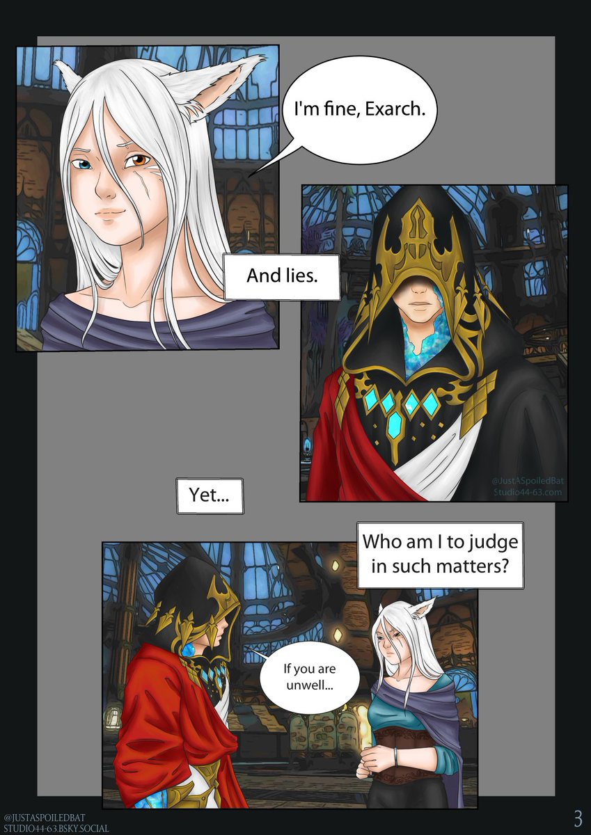 JustASpoiledBat's tweet photo. I have such a habit of focusing on G'raha's inner monologue. This was just some brainworms about the light poisoning that turned into an 8 page comic. 😅
#FFXIV #FFXIVART #wolgraha 
1/2 https://t.co/OKfWR1WLKk