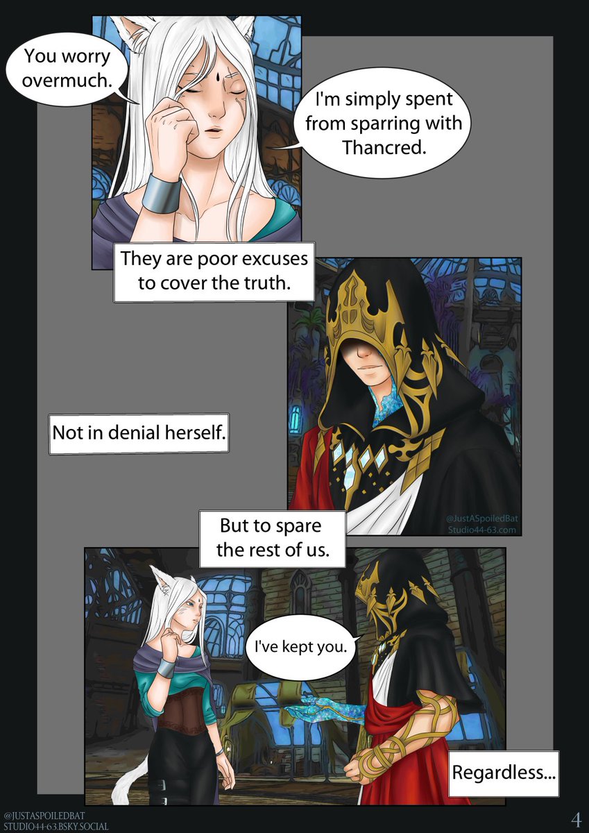 JustASpoiledBat's tweet photo. I have such a habit of focusing on G'raha's inner monologue. This was just some brainworms about the light poisoning that turned into an 8 page comic. 😅
#FFXIV #FFXIVART #wolgraha 
1/2 https://t.co/OKfWR1WLKk