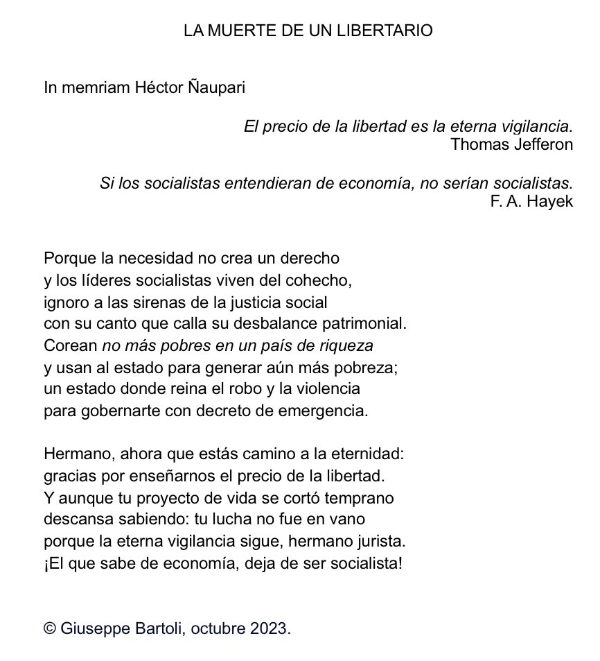 EL COMITÉ PROVINCIAL DE LIMA DEL PLP EXPRESA SU MÁS SENTIDAS CONDOLENCIAS A LOS FAMILIARES Y SERES QUERIDOS DE HÉCTOR ÑAUPAR. QUE EN PAS DESCANSE.

#partidolibertarioperuano #plp #partidolibertario #partidodelosemprendedores #lalibertadavanza  #peru