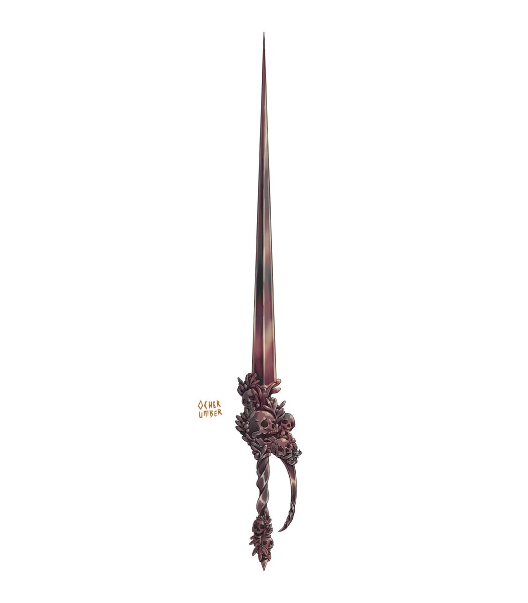 Sword for a Necromancer. It’s got a skull puking another, smaller skull, and other skulls flying all around. But tasteful, you know? #Swordtember #swordtember2023