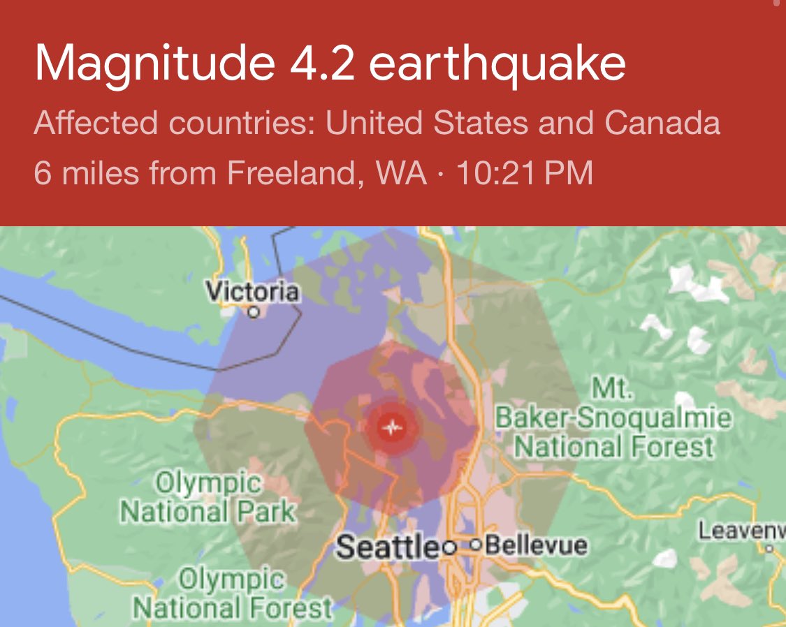 4.2 earthquake in Washington 

Shakealert system detected the earthquake in Washington 

It was determined that the strength of the earthquake was to small for a public mobile alert to be issued

#earthquake #Washington #seattle #Earthquake