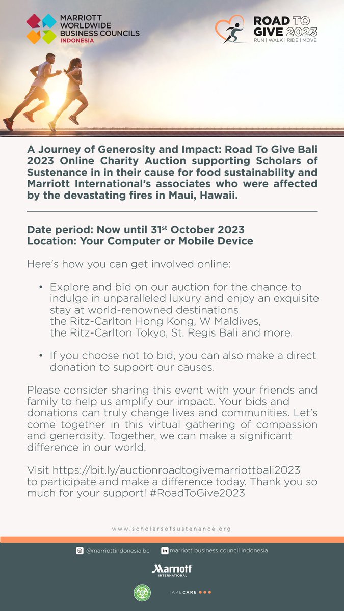 SOS_Bali's tweet photo. Marriott International is hosting the Road To Give 2023 online auction🏆. This is a chance to contribute to Scholars of Sustenance and Marriott International's associates affected by the Maui, Hawaii fires. Participate through the following link: https://t.co/hlwCUyvk8P https://t.co/WpzTvo8tN1