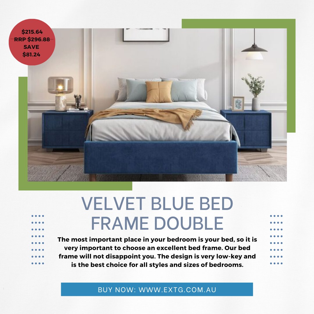 We've got the perfect solution to your bedroom woes. Our Velvet Blue Bed Frame Double is just what you need to add a touch of luxury and style to your bedroom.
-
-
-
Visit our website-
extg.com.au
#FurnitureAustralia #AustralianFurniture #bedroomdecor #bedroomideas