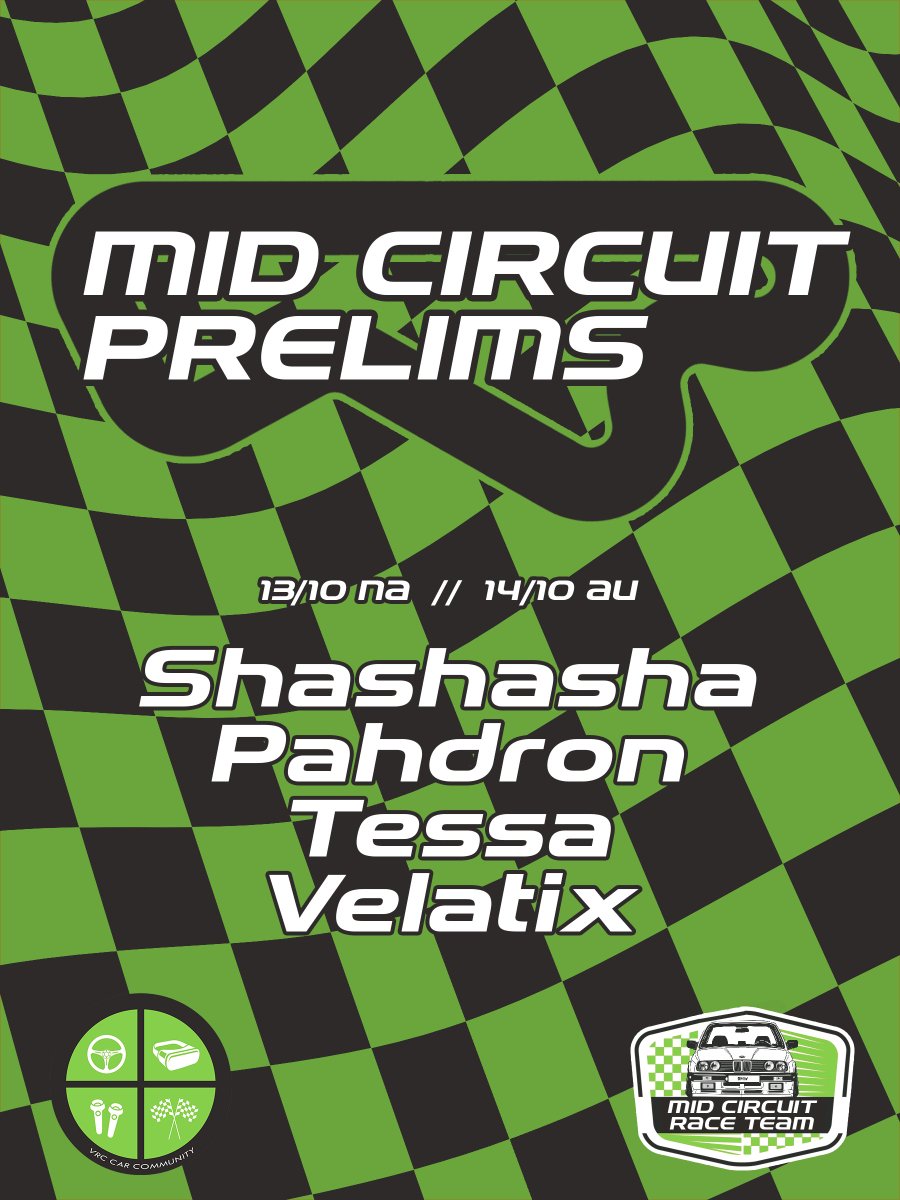 Velatix's tweet photo. After a long absence, Mid Circuit returns to the track this weekend! 
In collaboration with @JinteiVRCCC we're back with an updated world, Time Trials, Leaderboards and more.

Start 🏁: FRI 21:00 PDT // SAT 15:00 AEST https://t.co/vsbpcBrxIV