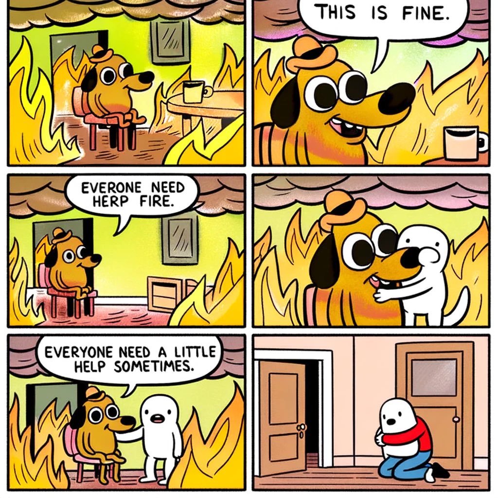 Filup Molina on X: Obsessed with this comic with a positive message I  asked AI to make about the “this is fine” dog meme.   / X