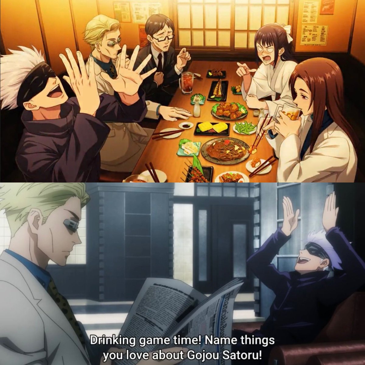 keiuzuki's tweet photo. Gojo is playing his drinking game "Name things you love about Gojo Satoru" and that‘s probably why Utahime is like this 🤣😭 https://t.co/i5CDo37VPx