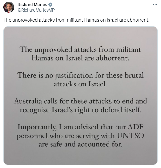 jennyleong's tweet photo. Unprovoked?! This is a disgraceful statement from Defence Minister Richard Marles. It is also appalling that tonight the Opera House will be lit up in support of Israel - what about all of the Palestinian lives lost since occupation? 🧵 https://t.co/RmivkyaNCc