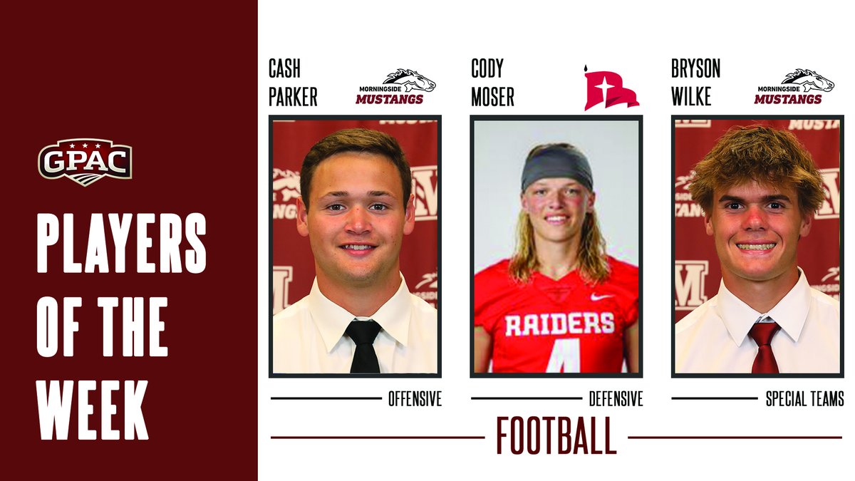 FOOTBALL: Week 6 Honors - (Offense) Cash Parker-QB of @MsideMustangs, (Defense) Cody Moser-DB of @nwcraiders and (Special Teams) Bryson Wilke-K of @MsideMustangs. Complete Release: bit.ly/gpac_fb-06