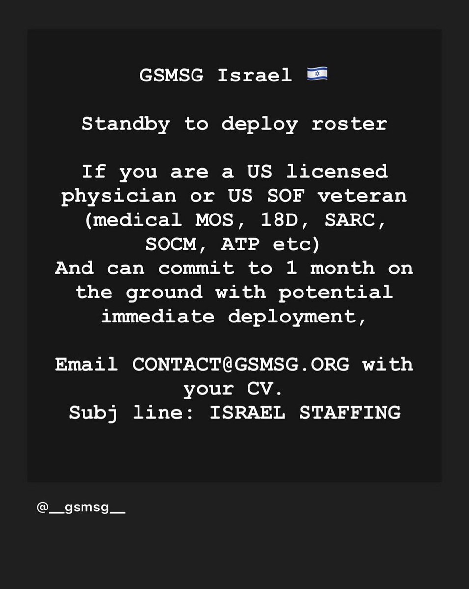 Please forward to any qualified individuals thank you 
🇮🇱🕊️🇮🇱🕊️🇮🇱🕊️
Am Yisrael Chai
#warinisrael #ruzzia #iran #middleeast #israel #hamas #palestine #telaviv #war #combatpreparedness  #USSOF #USSOFVet #SARC 
#deployed #deployment #army #navy #marines #usaf #medicalofficer