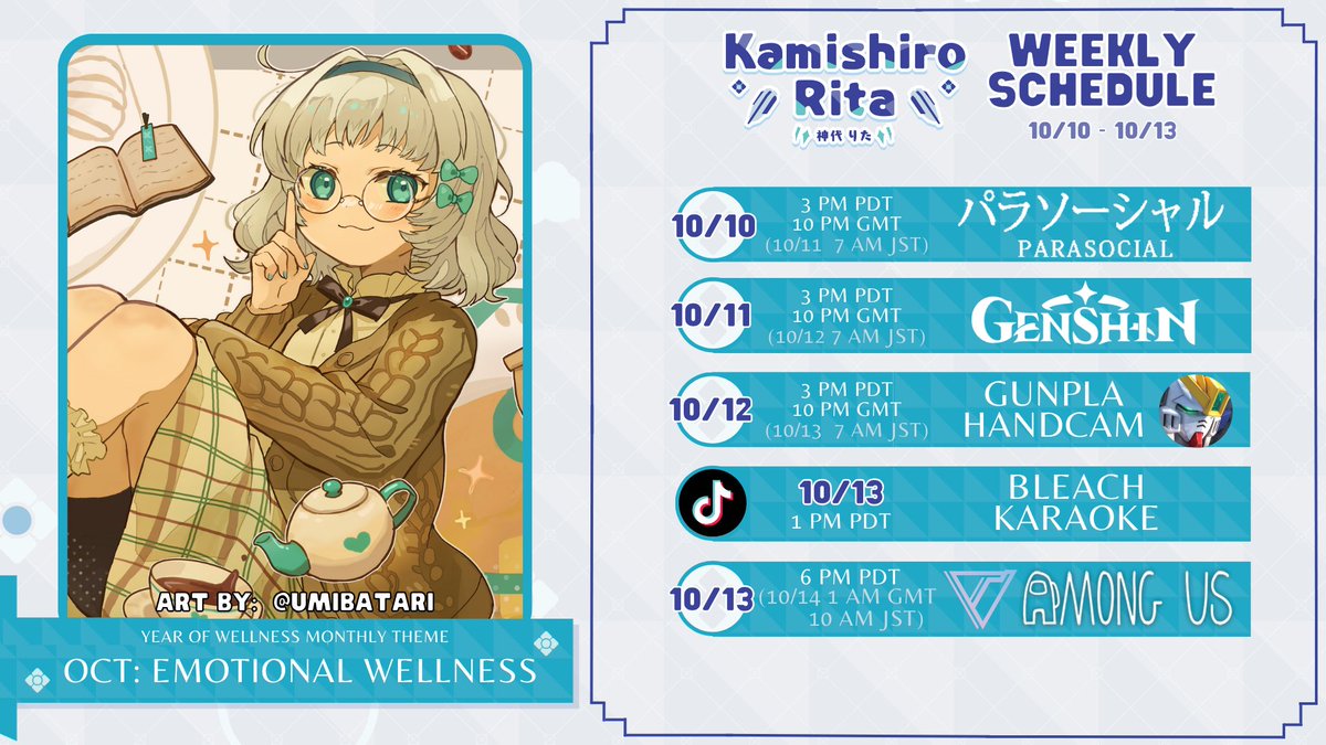 RitaKamishiro's tweet photo. 💠Schedule 10/10~10/13💠
Kicking off spooky month with some Chilla's Art, then we'll continue the Genshin archon quest, start my second ever gunpla, and more~!
🎨#Umibatari
Fanart: #KamiScribble #神スクリブル
Fandom: #RKangel #RKエンジェル
Memes: #KaMEME #カミーム https://t.co/du796StXIB