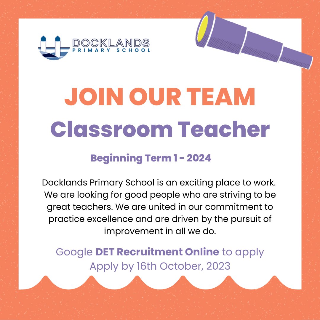 Docklands Primary School (@docklandsps) on Twitter photo 🚨 Come teach with us! 🚨 <a href="/DocklandsPS/">Docklands Primary School</a> is looking for a classroom teacher to join us in 2024. You'll enjoy high levels of support, well-specified curriculum, brand new facilities, and the world's most wonderful students. Search "Docklands" on Recruitment Online. <a href="/VicGovDE/">Victorian Department of Education</a> 🚨 Come teach with us! 🚨 <a href="/DocklandsPS/">Docklands Primary School</a> is looking for a classroom teacher to join us in 2024. You'll enjoy high levels of support, well-specified curriculum, brand new facilities, and the world's most wonderful students. Search "Docklands" on Recruitment Online. <a href="/VicGovDE/">Victorian Department of Education</a>