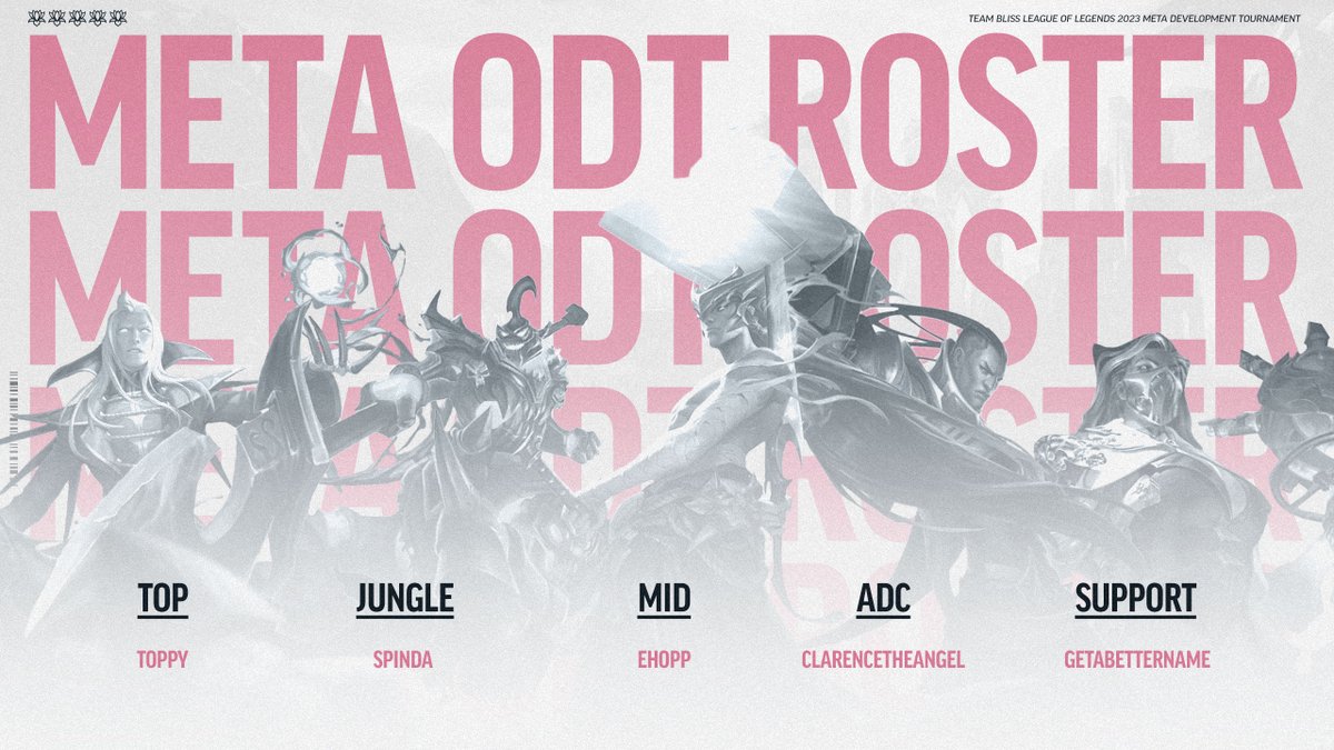 Announcing our academy roster for the <a href="/METAhse/">META High School Esports</a> Oceanic Development Tournament 💪

TOP: <a href="/Toppyoce/">Toppy</a>
JNG: <a href="/berryorange4/">Orange</a>
MID: <a href="/eHoppOCE/">Ethan</a>
ADC: <a href="/paulmavronas/">Paul mavronas</a>
SUP: <a href="/GetABetterName0/">GetABetterName</a>

First match is tonight at 8:00PM AEDT, stay tuned for more info 😤

#BlissLoL🪷 | #BlissUp🪷 | #MetaODT
