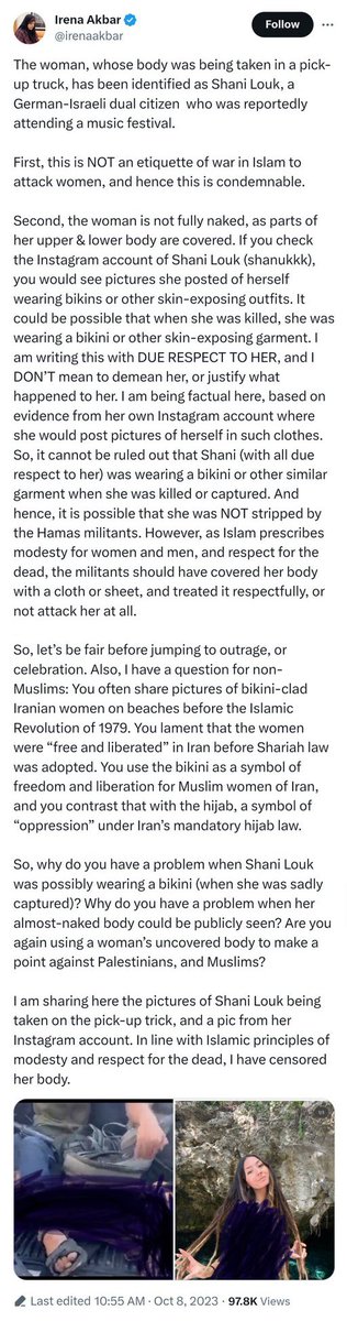 AsYouNotWish's tweet photo. Could the Washington Post please look into its star columnist Rana Ayyub’s public association with Irena Akbar, the Muslim woman from India who posted a disgusting tweet justifying the parading of German tourist Shani Louk’s naked dead body by Hamas terrorists?

Ayyub appears to be a source of inspiration for Akbar.