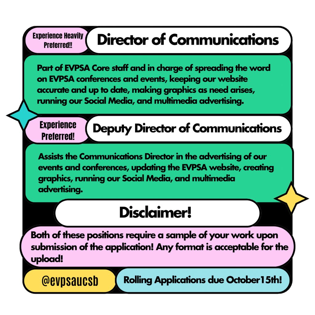 evpsa's tweet photo. We’re looking for cool and exciting people to join our office and lead our communications department!! If you’re passionate about our causes and like to use social media to spread awareness and make connections take advantage of this opportunity! https://t.co/kiixy6QaKn