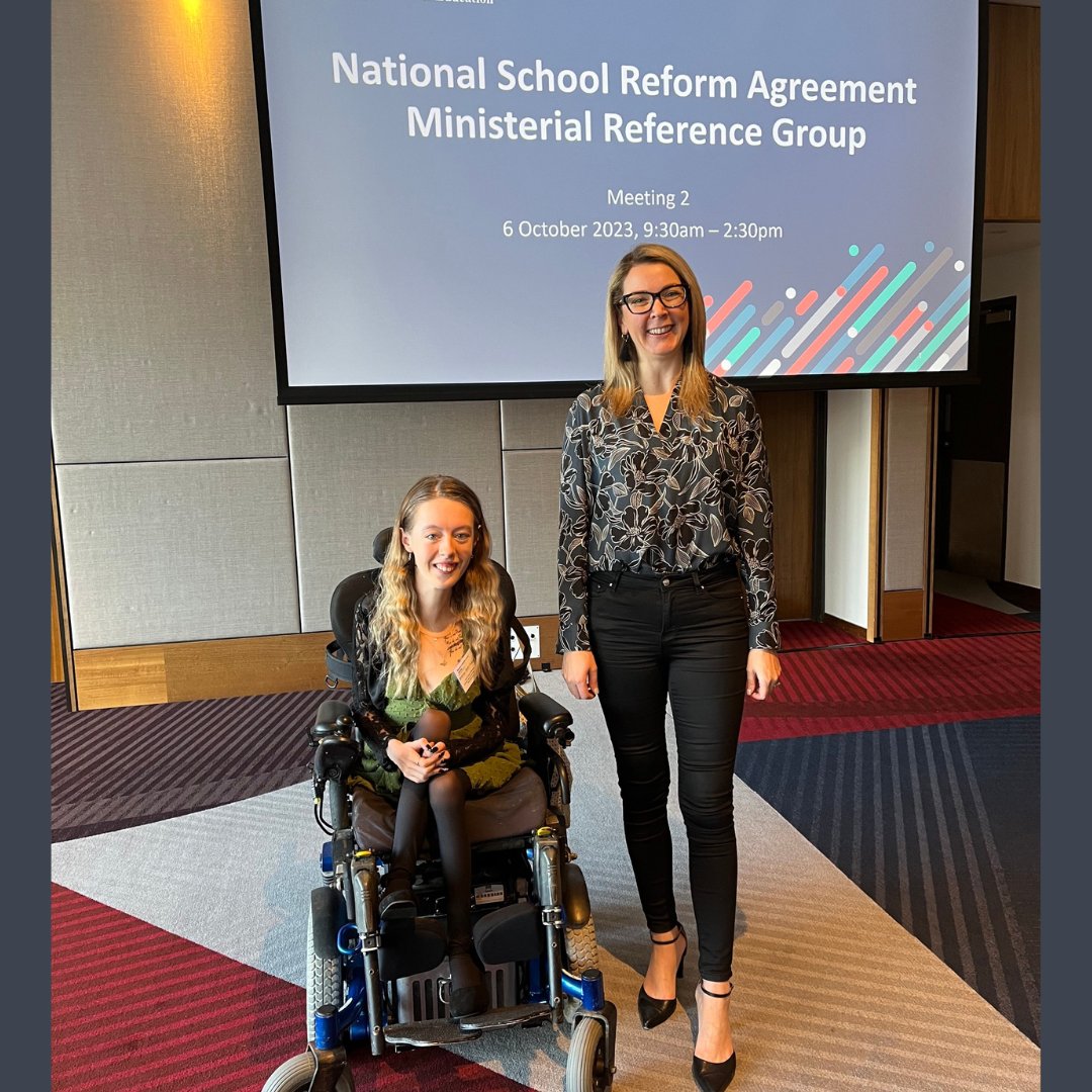 CydaAu's tweet image. CYDA Youth Council rep Britt Wilson and CEO Skye Kakoschke-Moore at the NSRA Meeting in Hobart, advocating for:

🎓 a shift in focus from attendance to engagement
🎓 more teachers with disability
🎓 consistency in TA training and resourcing
🎓 student agency

#EndSegregation