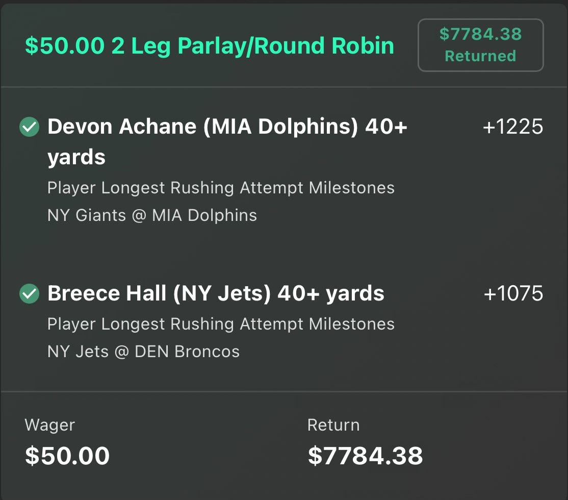 MJCLocks's tweet photo. WE ARE GREEN @TheProfessor305 🤑💰 

✅ Devon Achane 40+ Long Rush
✅ Breece Hall 40+ Long Rush
💰 +14,806

💸 $50 ➡️ $7,784

Find All Our Plays ➡️ https://t.co/ikUWXlcdpq

#GamblingX #NFLPicks #NFL https://t.co/ODR4wt2PPg