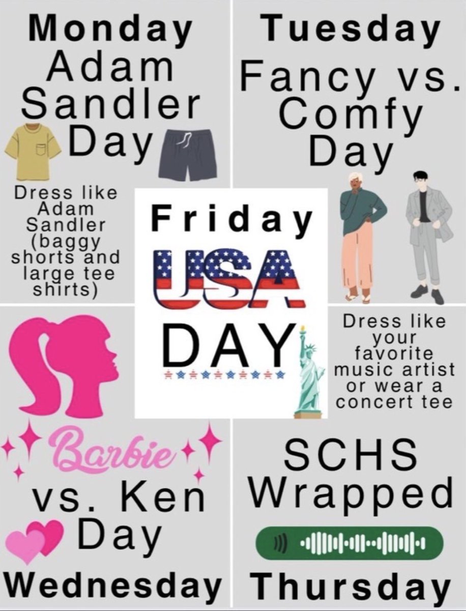 Charge iPads tonight! Also tomorrow starts homecoming week. Here are the dress up days.