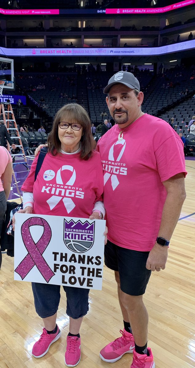 Kings_6thMan's tweet photo. Happy Birthday Sign Lady! 🎉Today my wife has reached two BIG milestones: her 75th Birthday, and 10 years as a breast cancer survivor! She is happy to be watching the @SacramentoKings play again and excited for the new season! #LoveForSignLady 💜 https://t.co/mVLoi9wIMZ