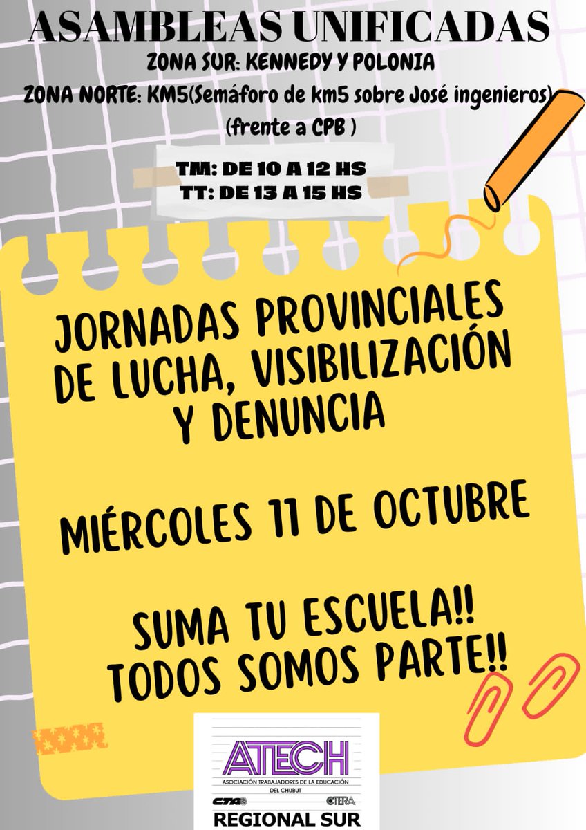 AtechRegSur's tweet photo. #AtechSur| Información

🔈ASAMBLEAS UNIFICADAS MIÉRCOLES 11/10

SUMA TÚ ESCUELA! 
TODOS SOMOS PARTE !! https://t.co/ZRNx8wa47z