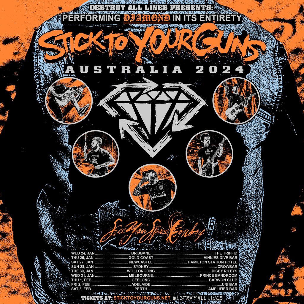 Hey Australia, see you in January!! DIAMOND AUSTRALIA TOUR 2024 / dates below. Pre-Sale tickets available Wednesday 11 October @ 11am AEDT    General tickets on sale Thursday 12 October @ 11am local time. 🎟️ sticktoyourguns.net All shows w/ @syscband