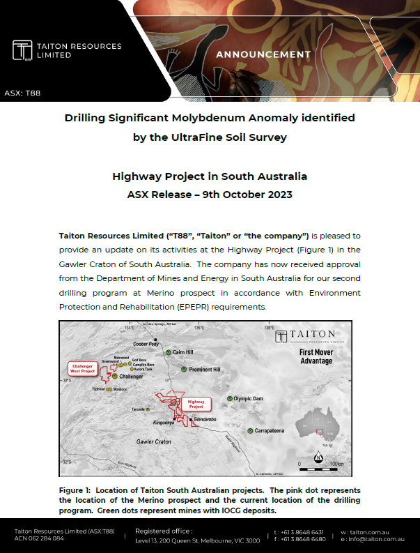 61Financial_AU's tweet photo. Taiton Resources Limited (#ASX: $T88) has received approval for the 2nd #drilling program at Merino prospect, to test the coherent #Molybdenum Anomaly that was identified from the UltraFine Soil Survey completed in August.
https://t.co/o9jmiG036s
#STOCKS https://t.co/fokMAjs2t9
