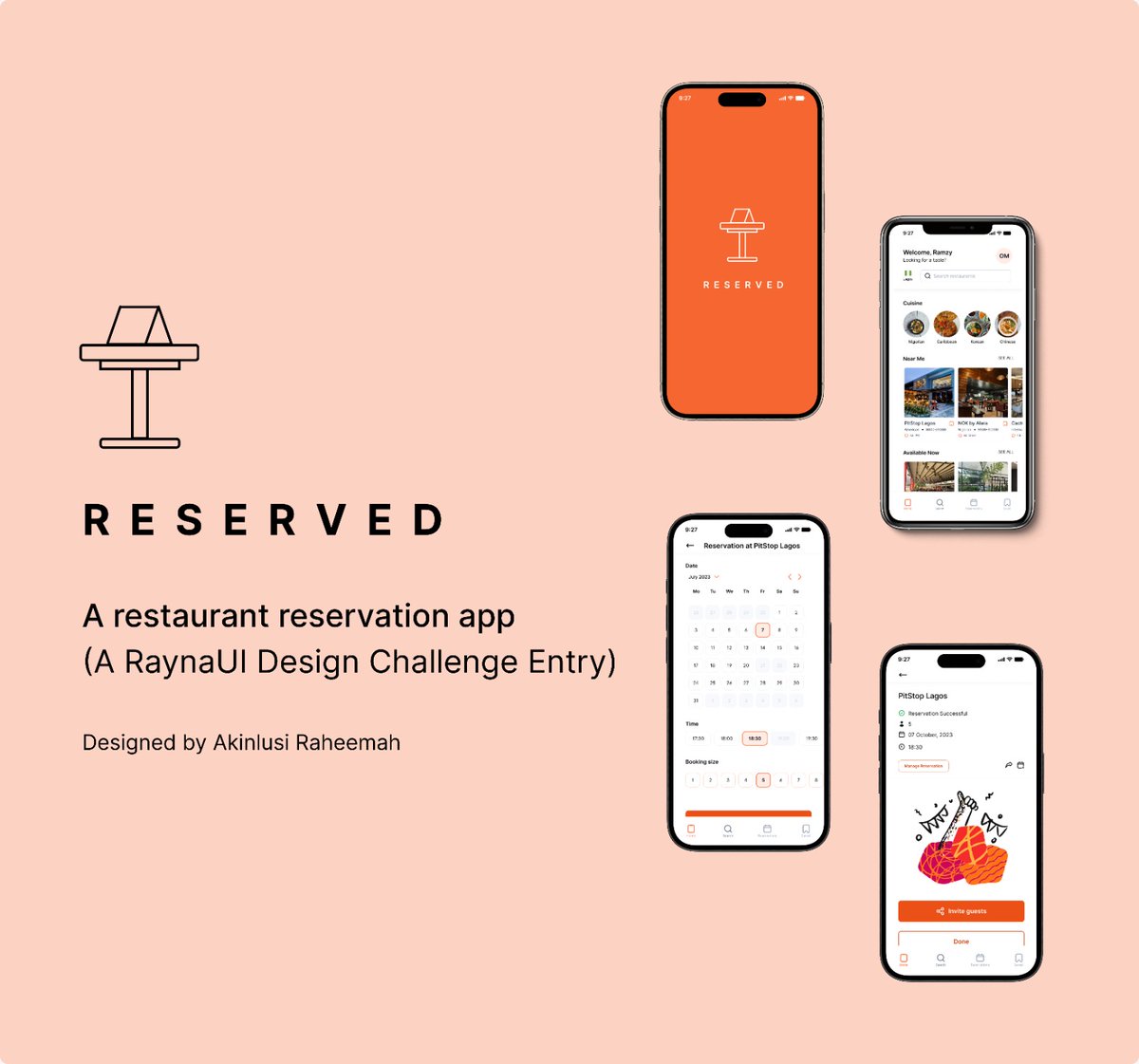 My #RaynaUIShowdown challenge entry. 

A restaurant booking app called: RESERVED. Where you can easily make restaurant reservations suited to your location and preferred cuisine at the tip of your fingers.

#designclan #designclanchallenge